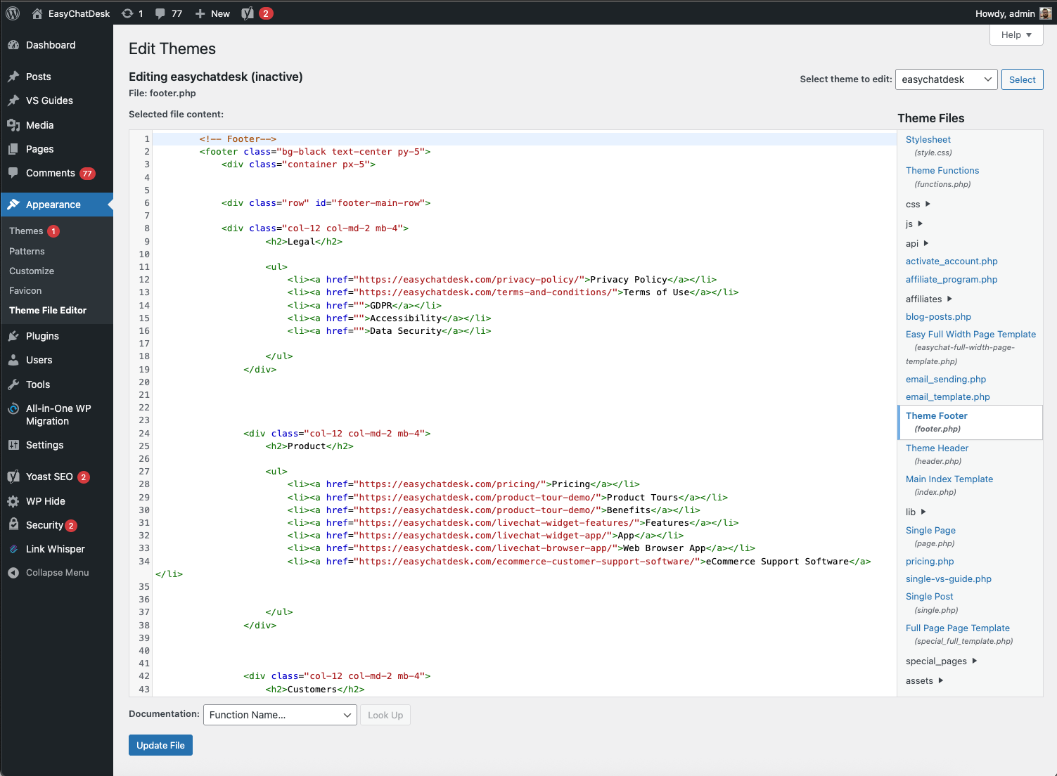 edit wordpress footer